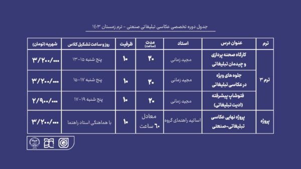 دوره آموزش عکاسی جامع، پرتره و مد و تبلیغاتی صنعتی در جهاد دانشگاهی هنر