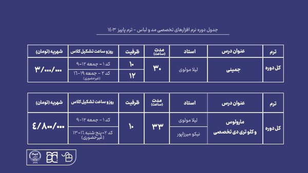 آموزش نرم افزار تخصصی مد و لباس جمینی و مارولوس و کلوتریدی